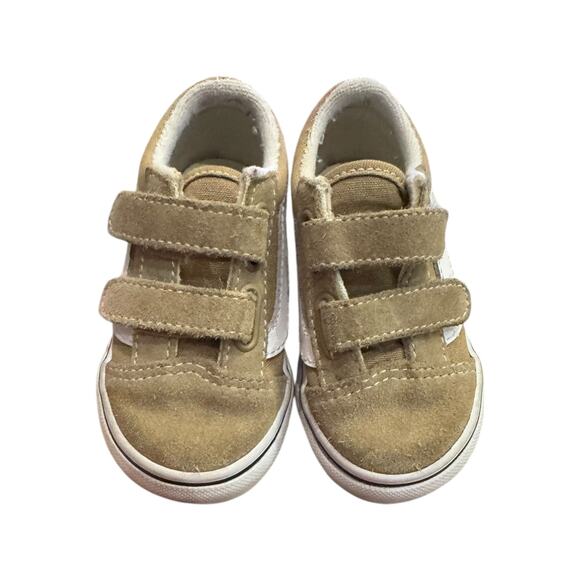 Vans Old Skool V Toddler Tan White Velcro Suede Canvas Sneakers 5 - Picture 3 of 5